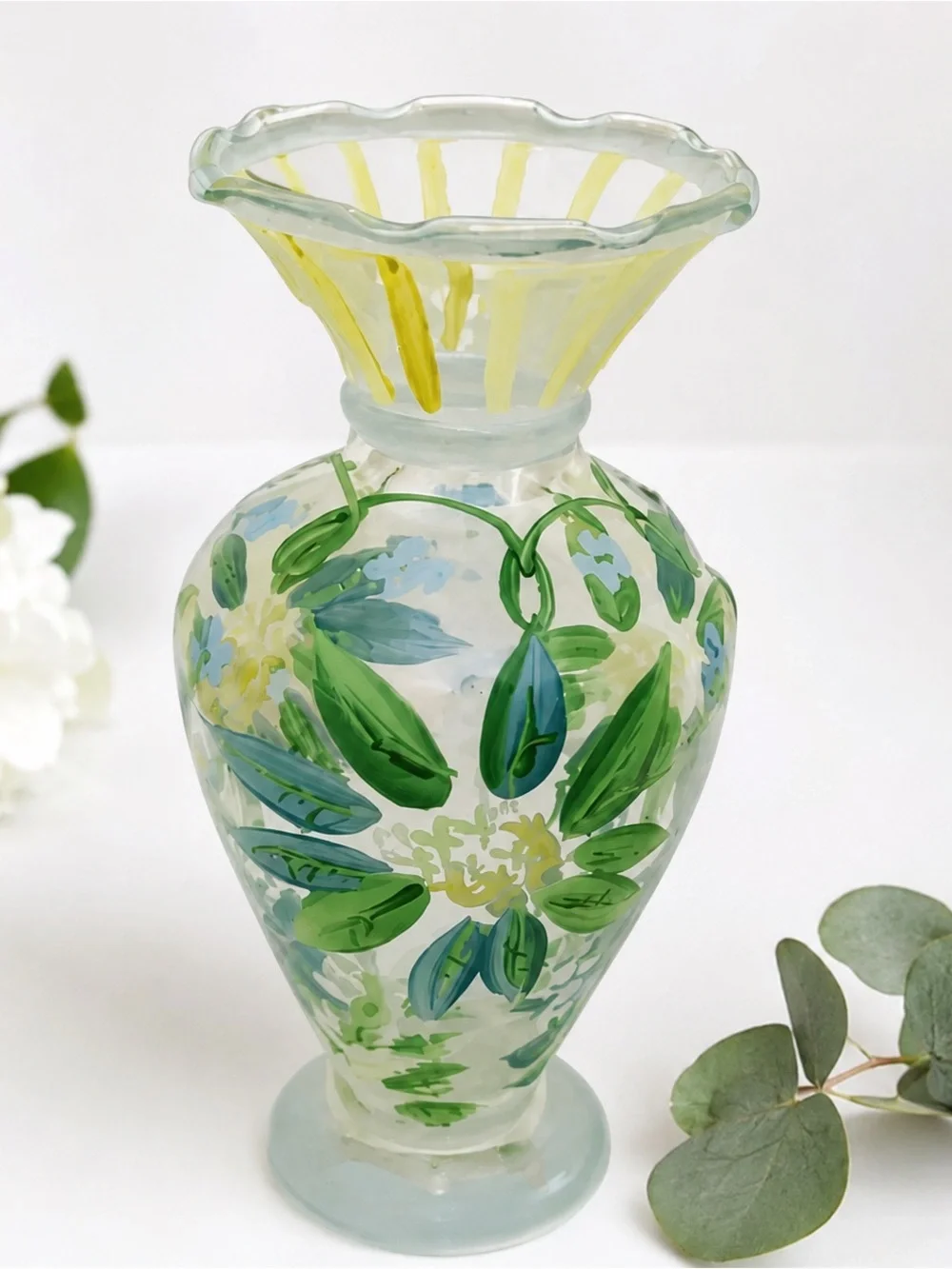 Hand Painted Floral Glass Vase Cottagecore Shabby Chic Blue Green 6.5”